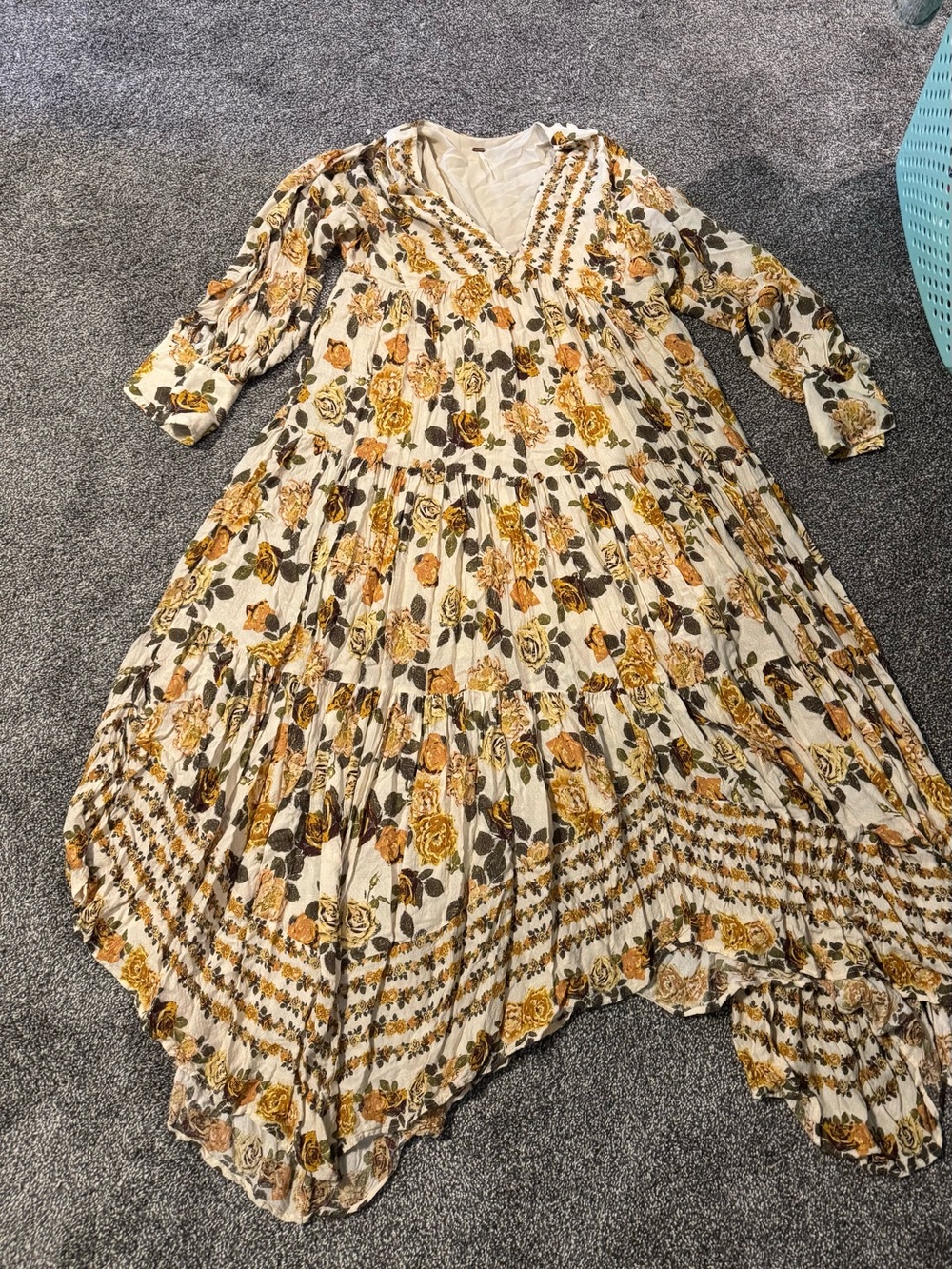 Free People Boho Floral Tiered Maxi Dress in Cream and Mustard